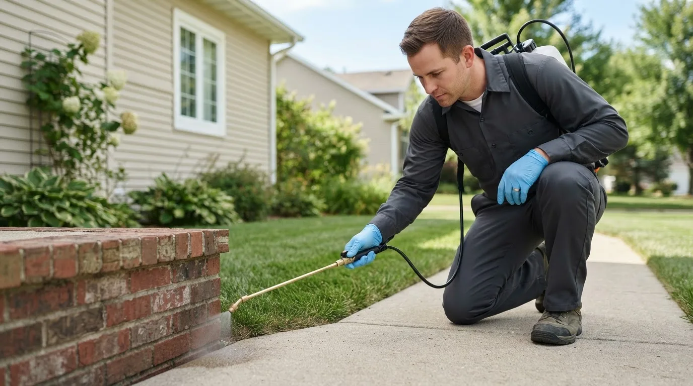 Pest control technician treating a home near Leesburg, TX