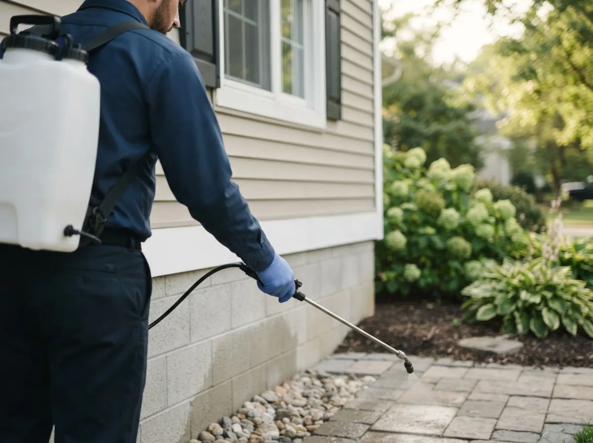 Pest control technician inspecting a home in Leesburg, TX